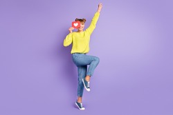 Full length body size view of pretty cheerful girl jumping closing eye with love like icon isolated over violet color background