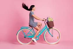 Full length body size profile side view of pretty cheerful girl riding bike having fun isolated on pink pastel color background