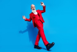 Low angle view full size photo of aged rich man happy positive smile dancer music isolated over blue color background