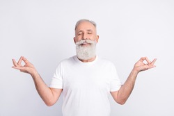 Portrait of positive grey hair beard old man crossed fingers wear white t-shirt isolated on grey color background