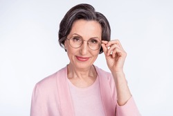 Photo of shiny adorable mature lady wear pink clothes arm glasses smiling isolated white color background
