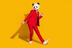 Photo of freak panda guy enjoy funky discotheque motion wear mask red tuxedo shoes isolated on yellow color background