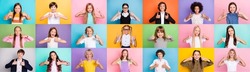 Collage photo of multiple different mixed races friendly schoolchildren boys girls show thumbs up symbol select season discounts isolated over colored background