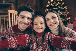 Photo of funny family mommy daddy daughter do selfie wear red sweater greeting in comfortable flat