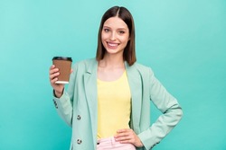 Photo of sweet young brunette lady hold coffee wear jacket isolated on cyan color background