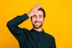 Photo of unhappy depressed young man wear smart casual outfit forget important thing arm forehead isolated yellow color background