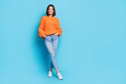 Full length body size view of attractive cheerful girl posing copy empty space isolated over bright blue color background