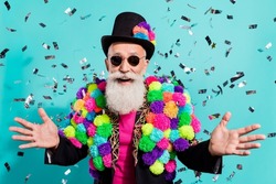 Photo of funky impressed mature showman dressed creative pom-pom jacket smiling isolated turquoise color background