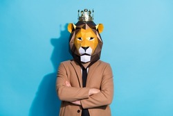 Photo of bizarre identity guy wear lion mask cross hands prepare theme party event service isolated over blue color background