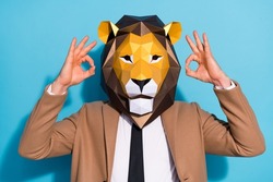Portrait of unusual anonym guy in lion mask show okey symbol select weird bizarre festive sale isolated over blue color background