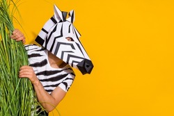 Photo of funny funky guy dressed wild animal costume hiding behind high grass looking empty space isolated yellow color background
