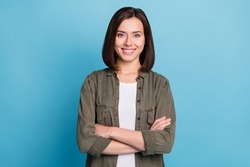 Photo of charming cool lady arms crossed ready for start-up work wear grey clothes isolated over blue color background