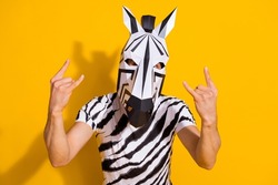 Photo of weird anonym guy zebra dj enjoy punk rock music show horns symbol isolated over bright yellow color background