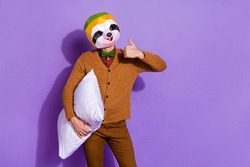 Photo of young man promoter unusual outfit show thumb-up approve perfect suggest isolated over purple color background
