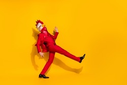 Profile photo of disco entertainer dance have fun wear rooster polygonal mask red tux isolated yellow color background