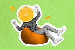 Picture of alien model with big half of orange fruit instead head sitting big fluffy armchair isolated on psychedelic gradient background