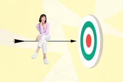 Cartoon style illustration of young business lady sitting on arrow flying straight to center of darts board concept of reaching professional goal easily