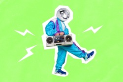 Illustration of male dude walking dancer hold boom box player retro chill have disco ball on head silhouette painted white color green background