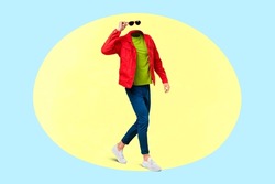 Collage photo image surreal headless male go down town city incognito person trendy clothing on colorful background