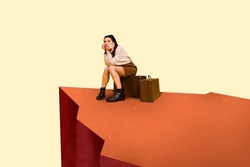 Cartoon style illustration of sad girl got to abandoned railway tracks in desert and missed her train bus transport wait alone afraid night coming