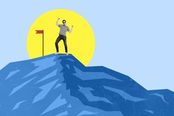 Flat style illustration of man on the mountain peak near flag big yellow sun rise drawing on background guy celebrating winning reached top