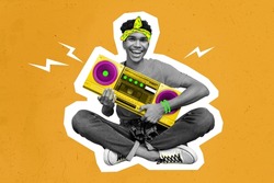 Composite drawing illustration of man sitting hold radio boombox enjoy music isolated on yellow background