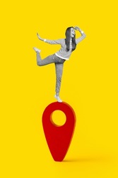 Illustration big location symbol icon sign locator marker place position point element on route graphic road mark with young girl on top isolated