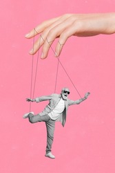 Vertical creative collage of aged person black white filter hanging manipulated arm isolated on pink color background