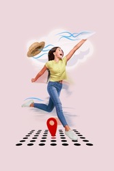 Creative artwork advertisement of funky kid girl playing origami plane dream worldwide adventure voyage fly isolated