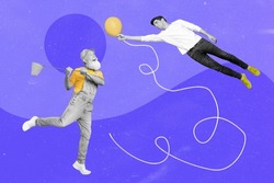 Collage image of pinup pop retro sketch black white visual effect age guy catching man flying balloon isolated blue color background
