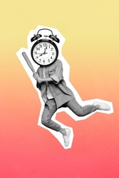 3d creative abstract template graphics collage of woman clock instead of head holding batter isolated yellow red color background
