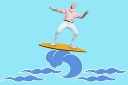 Creative artwork 3d sketch of cool sportive old man catch huge ocean wave rest relax isolated on blue color background