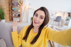 Portrait of adorable positive girl sitting sofa take selfie recording video arm palm show flat house indoors