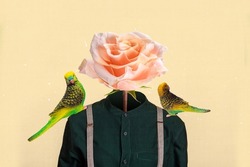 Creative collage of elegant person rose bud face parrots sit shoulders holiday anniversary celebration concept isolated