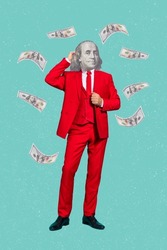 Creative mockup of trend economist guy with president franklin face flying hundred dollars isolated color background