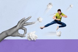 Creative drawing collage image of big hand black white colors shoot kick crumpled paper small guy jump defend fight