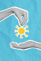 Collage creative artwork of black white color effect hand give sun to other hand isolated on blue paper painting background