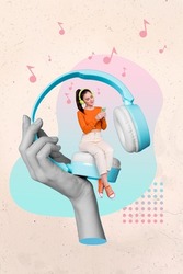 Creative vertical collage image of huge arm hold small girl sit headphones listen music use telephone painted melody background