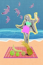 Exclusive minimal magazine sketch collage of young girl spending good day on beach dancing isolated colorful background