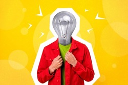 Artwork magazine picture of funny funky guy light bulb instead of head isolated painting background