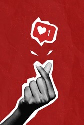 Creative collage picture of black white effect hand showing heart symbol give like notification isolated on red color background