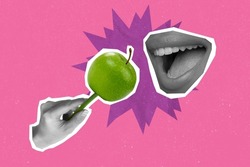 Creative collage of two people body part hand feeding tasty apple mouth teeth biting isolated vibrant color background