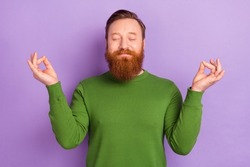 Photo of peaceful relaxing bearded foxy man practice yoga mindfulness open chakras isolated on violet color background