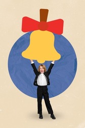 Vertical collage portrait of small mini boy arms hold big painted school bell ring isolated on creative background