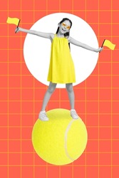 Vertical collage image of excited positive small girl black white effect stand big tennis ball hands hold flag isolated on checkered background
