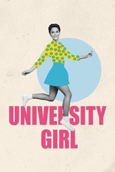 Vertical collage portrait of cheerful girl black white effect run university girl text isolated on creative collage