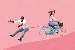3d retro abstract creative artwork template collage of funny girl driving bike pulling cable guy isolated pink painting background