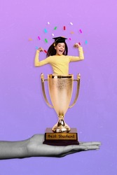 Vertical collage of huge hand hold little girl inside best student award cup raise fists success isolated on painted background