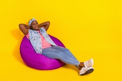 Photo of lady sit bag bean chair hands head enjoy break pause chill isolated on bright shine color background