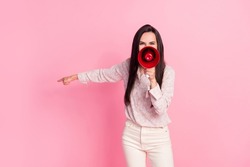 Portrait photo of young funny angry activist woman directing finger empty space trash street eco friendly isolated on pink color background